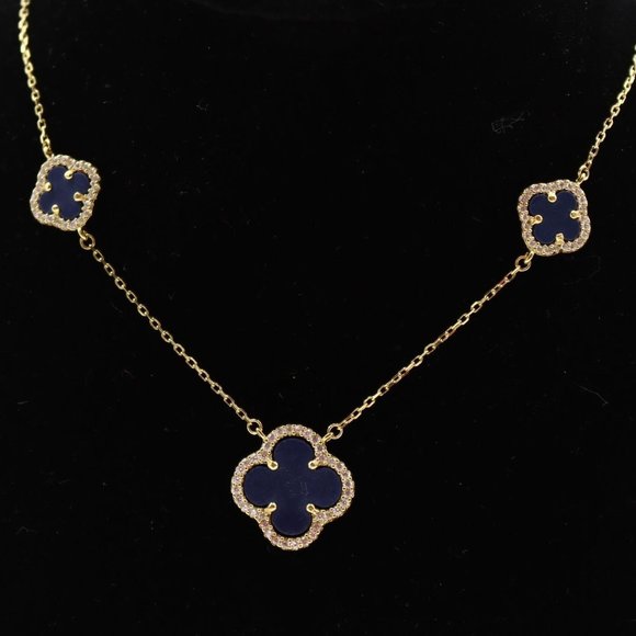 New RACHEL ZOE 18K Gold Silver Blue Stone Three Clover Cubic Zirconia Necklace - Picture 1 of 10